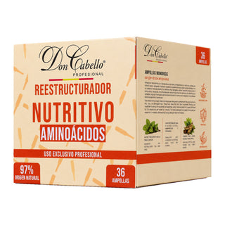 Caja Don Cabello Reestructurador Nutritivo Aminoácidos, 36 ampollas monodosis de 15 ml, uso exclusivo profesional