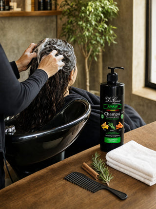 Champú anticaída Bombar Don Cabello en un salón de peluquería durante el lavado