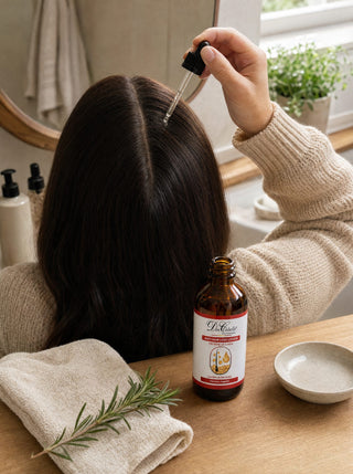 Loción capilar anticaída Don Cabello aplicada con gotero en la raíz del cabello
