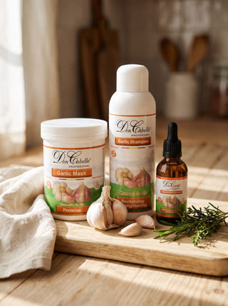 Pack Fortalecedor Intensivo Ajo Don Cabello con ajo natural sobre tabla de madera