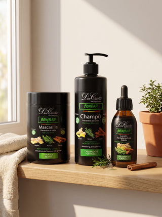 Pack Bombar Anticaida Intensivo Don Cabello con romero, jengibre y canela en una repisa de madera